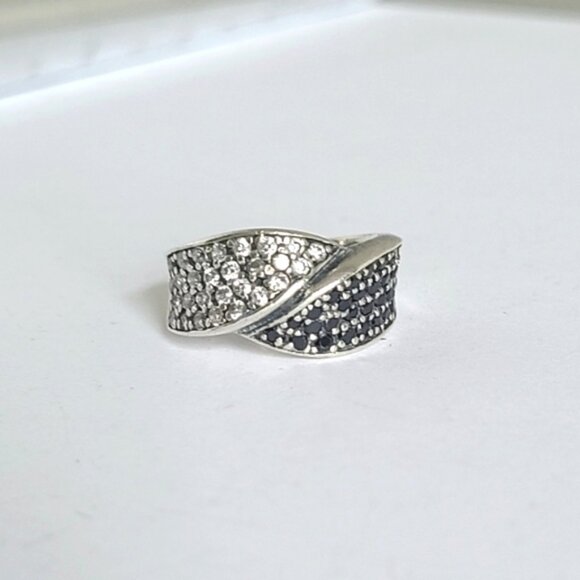 Vintage Boho 2 Tone Clear Black Spinel Crystal Colourblock Sterling Silver Ring - Picture 2 of 12